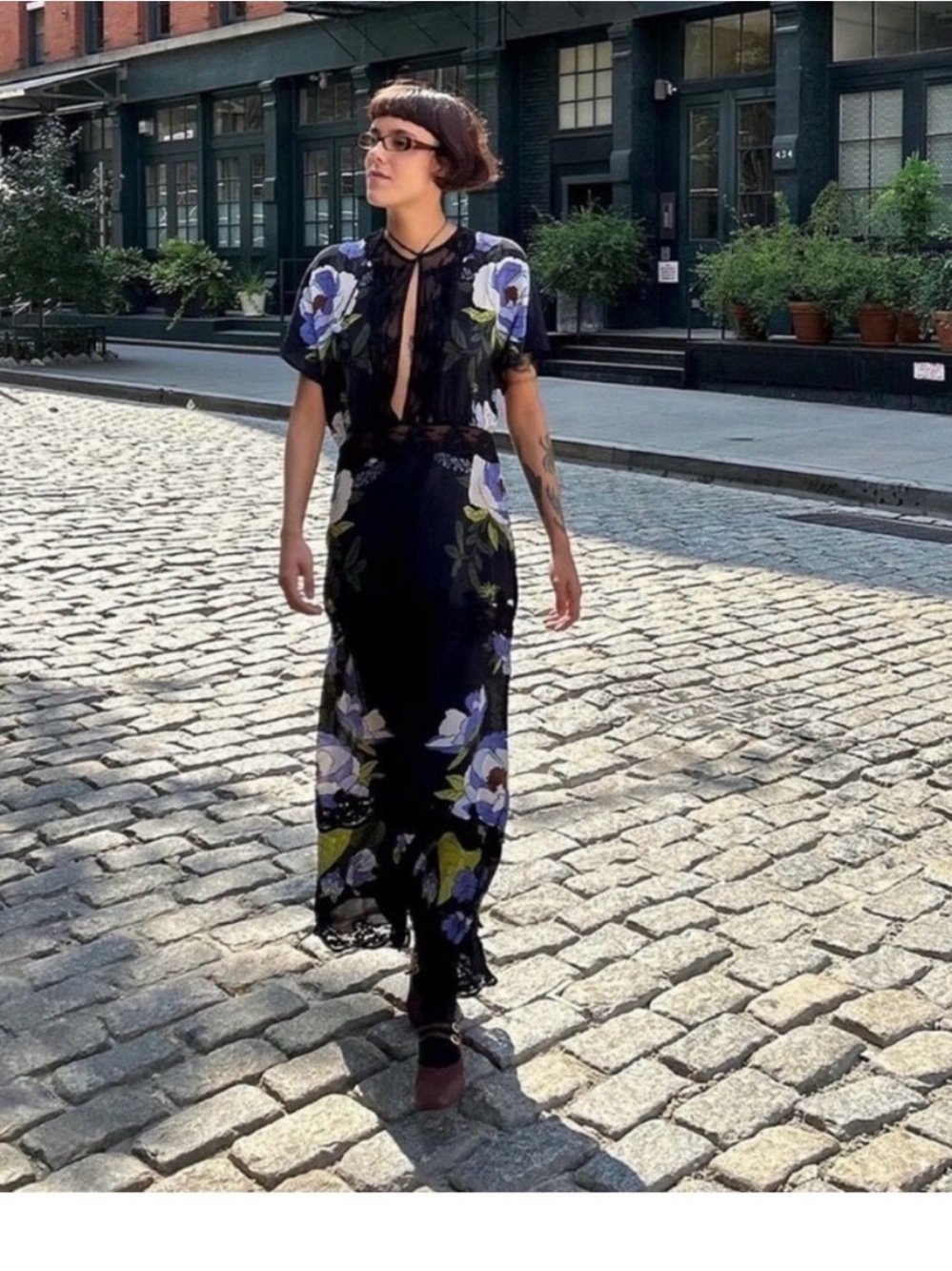 Farm Rio Black Floral Maxi Dress with Blue Bloom Print and Lace